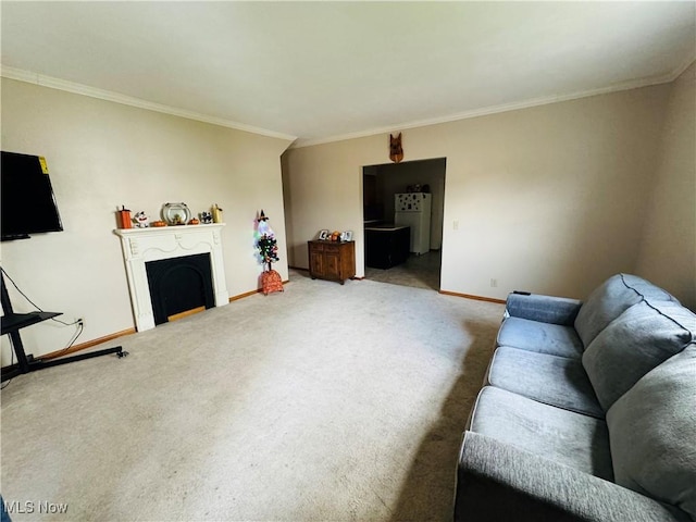 carpeted living room featuring ornamental molding, a fireplace, and baseboards