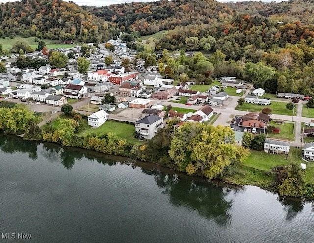 drone / aerial view with a water view and a view of trees