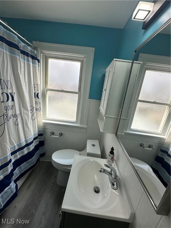 bathroom with a wealth of natural light, vanity, toilet, and wood finished floors