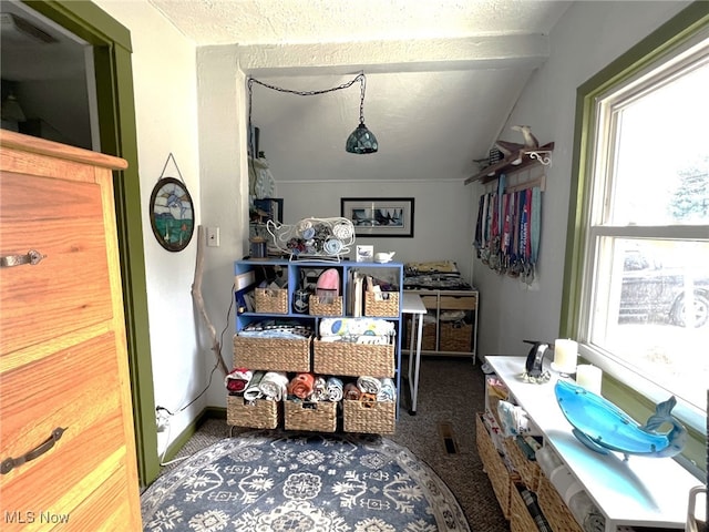 interior space featuring lofted ceiling, baseboards, and a textured ceiling