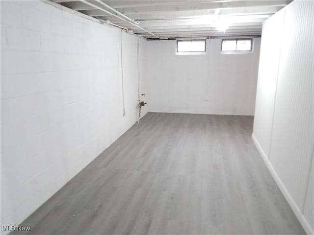 basement featuring concrete block wall and wood finished floors