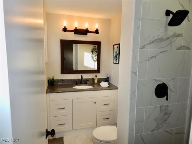 bathroom with a shower, vanity, and toilet