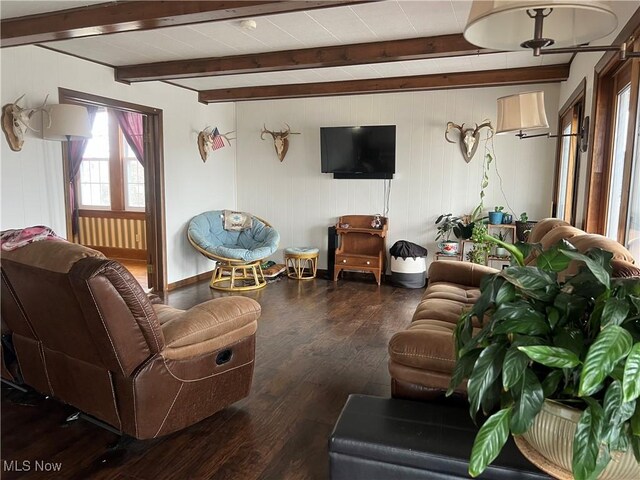 living room with beam ceiling and wood finished floors