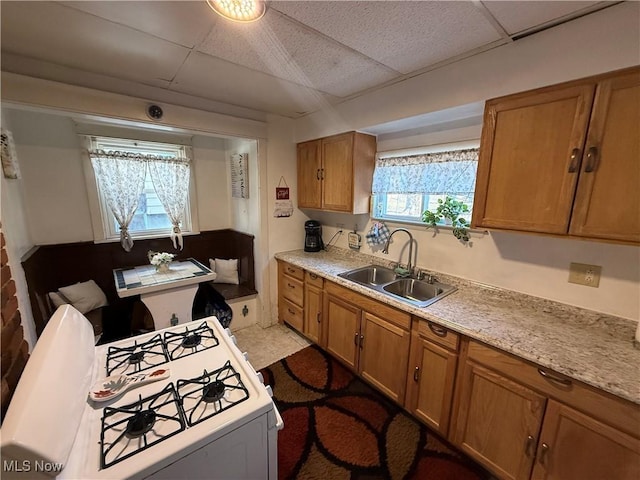 kitchen featuring a sink, a paneled ceiling, white gas stove, and brown cabinetry