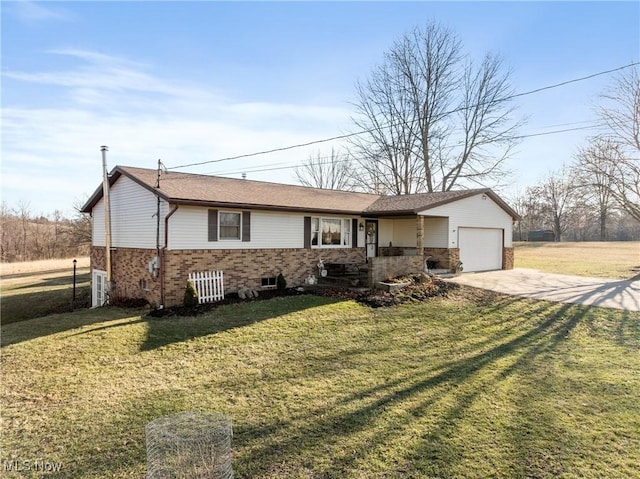 ranch-style home with a garage, concrete driveway, brick siding, and a front lawn