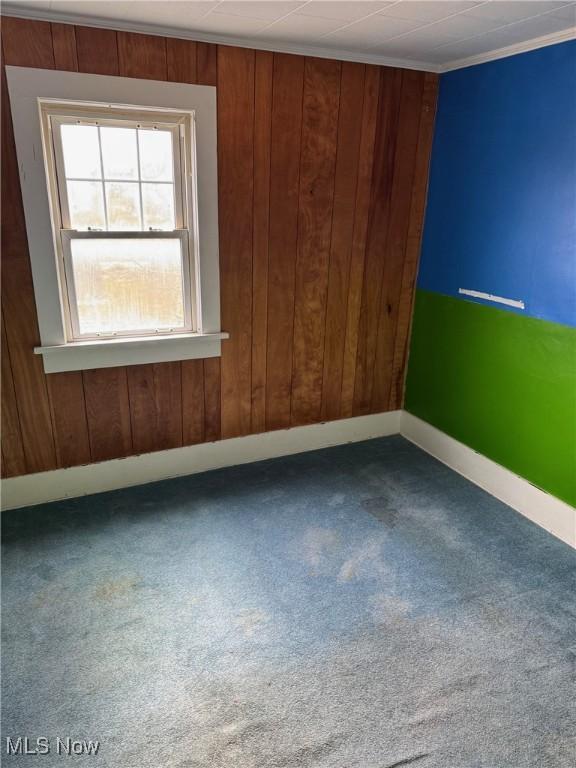 carpeted spare room featuring wooden walls and baseboards