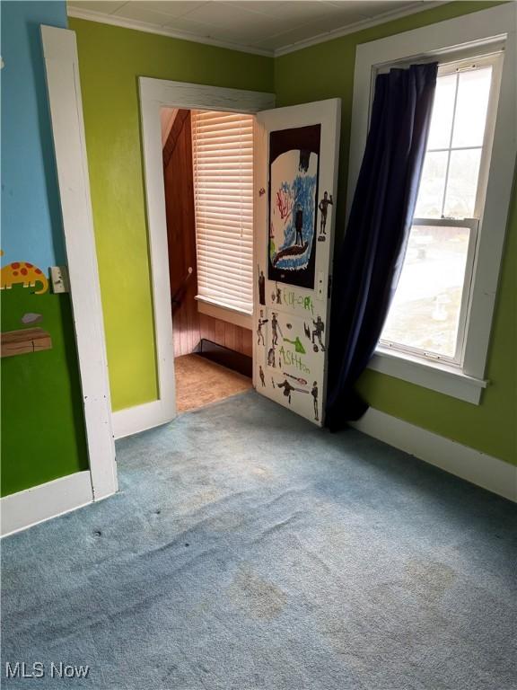 spare room with carpet flooring, crown molding, and baseboards