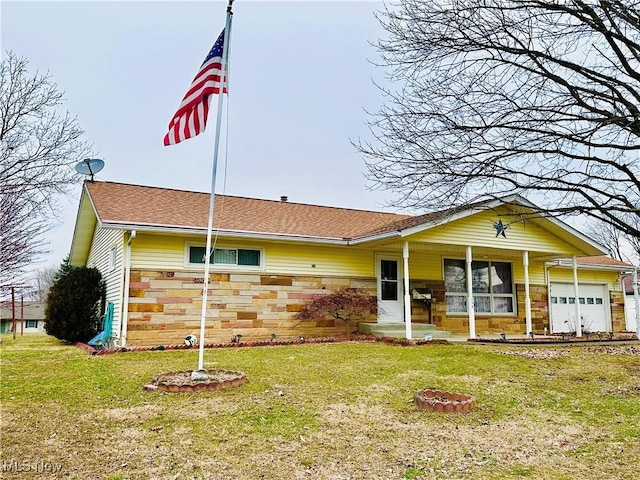 single story home with a garage, a front yard, stone siding, and a shingled roof