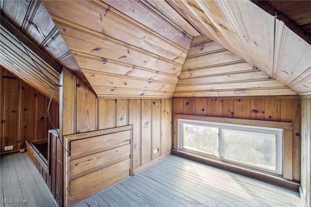 bonus room featuring wooden walls, wood ceiling, and light wood-style floors