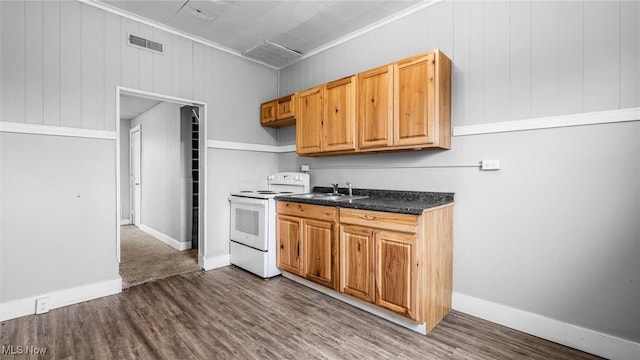 kitchen with electric range, dark wood-style flooring, dark countertops, and visible vents