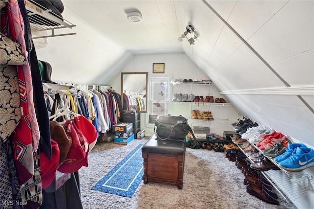 spacious closet featuring lofted ceiling and carpet floors