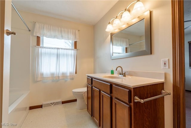 full bath with baseboards, visible vents, toilet, shower / tub combination, and vanity