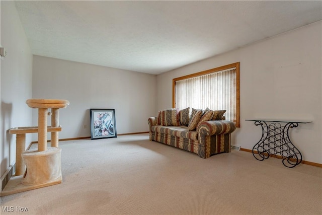 living area featuring carpet flooring and baseboards