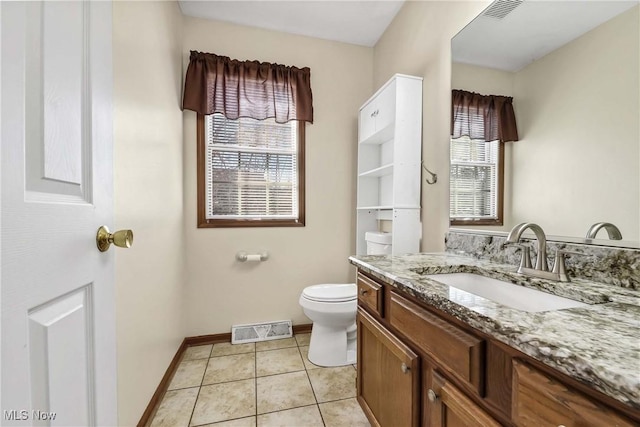 half bathroom with baseboards, visible vents, toilet, tile patterned floors, and vanity