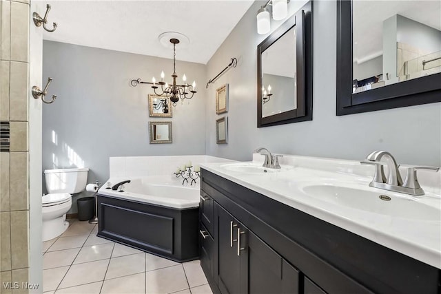 full bathroom with a garden tub, tile patterned flooring, a sink, and toilet