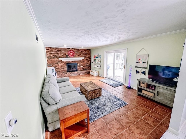 tiled living area with baseboards, visible vents, crown molding, a textured ceiling, and a fireplace