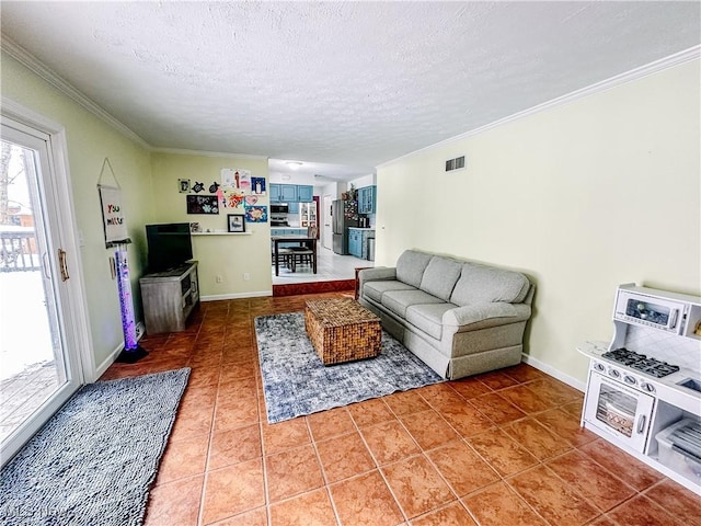 living room featuring light tile patterned floors, a textured ceiling, visible vents, baseboards, and crown molding