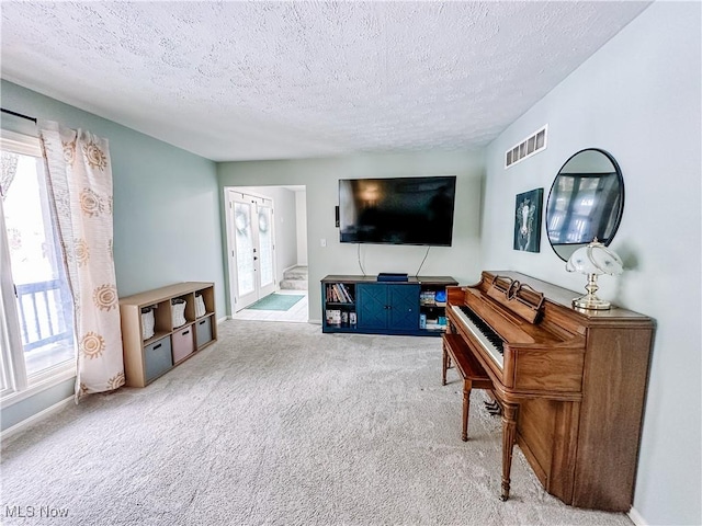 living area with carpet floors, baseboards, visible vents, and a textured ceiling