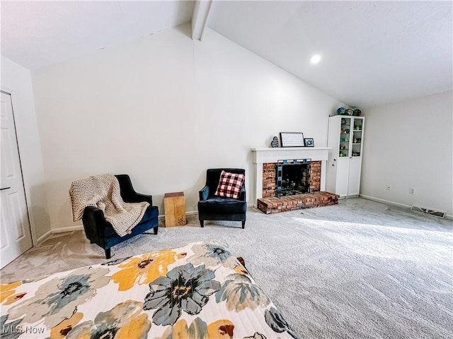 unfurnished room featuring lofted ceiling with beams, carpet, a fireplace, and baseboards