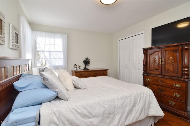 bedroom featuring dark wood-type flooring and a closet