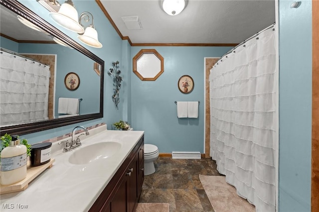 bathroom featuring visible vents, crown molding, vanity, and toilet