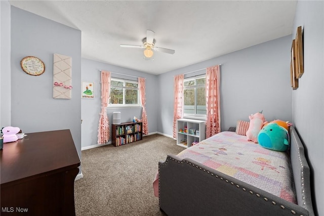 bedroom with carpet, baseboards, and ceiling fan