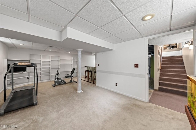 workout room with recessed lighting, carpet flooring, and baseboards