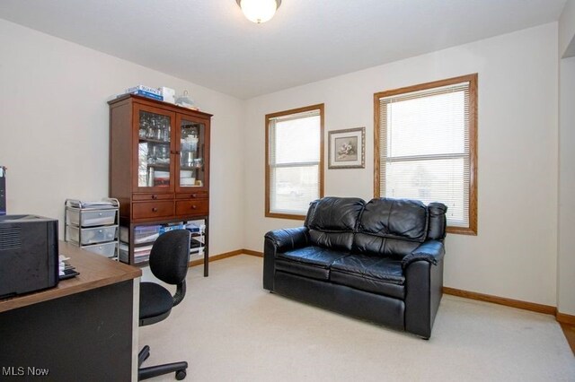 office featuring light carpet and baseboards