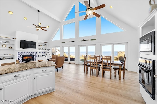 kitchen featuring plenty of natural light, black appliances, light wood-type flooring, and a tile fireplace