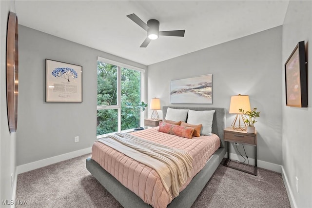 bedroom featuring carpet flooring, ceiling fan, and baseboards