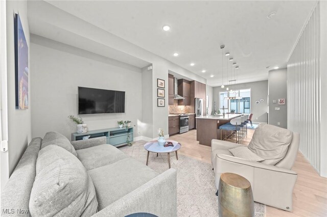 living area featuring recessed lighting and light wood finished floors