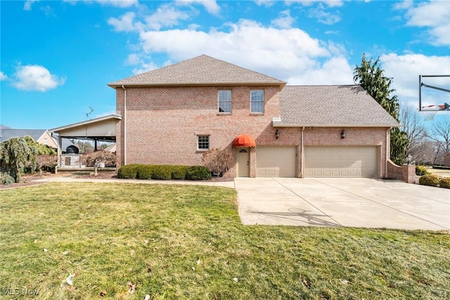 view of front facade featuring an attached garage, brick siding, concrete driveway, roof with shingles, and a front lawn