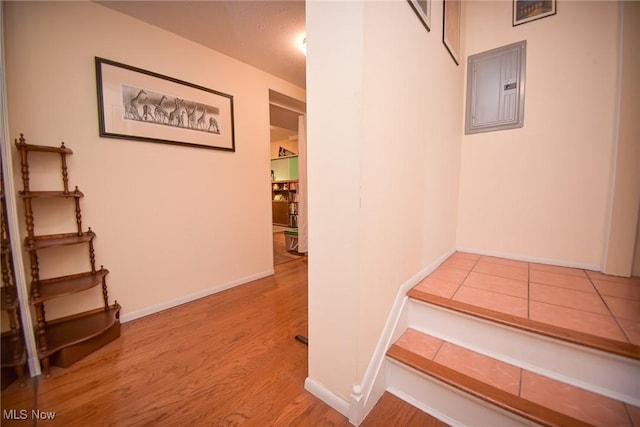 hallway featuring wood finished floors, electric panel, and baseboards