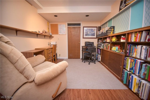 carpeted home office featuring wood finished floors