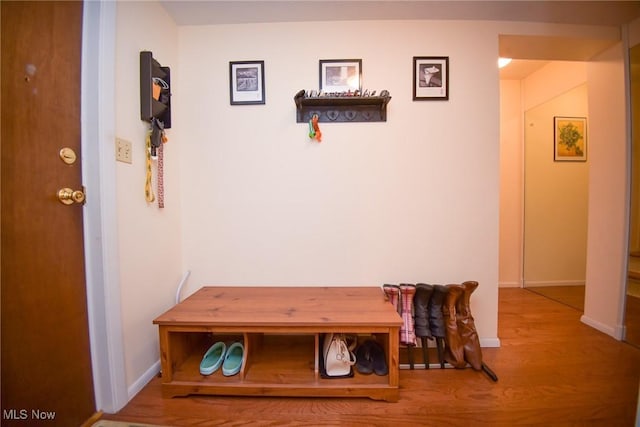 corridor featuring baseboards and wood finished floors