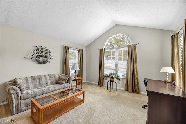 living area featuring light colored carpet, a healthy amount of sunlight, vaulted ceiling, and a textured ceiling