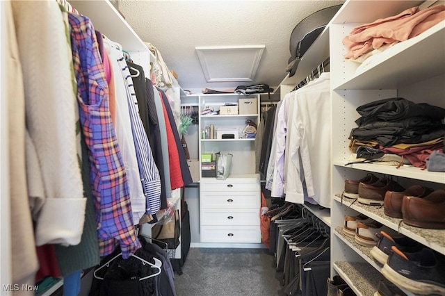 walk in closet featuring attic access and dark colored carpet