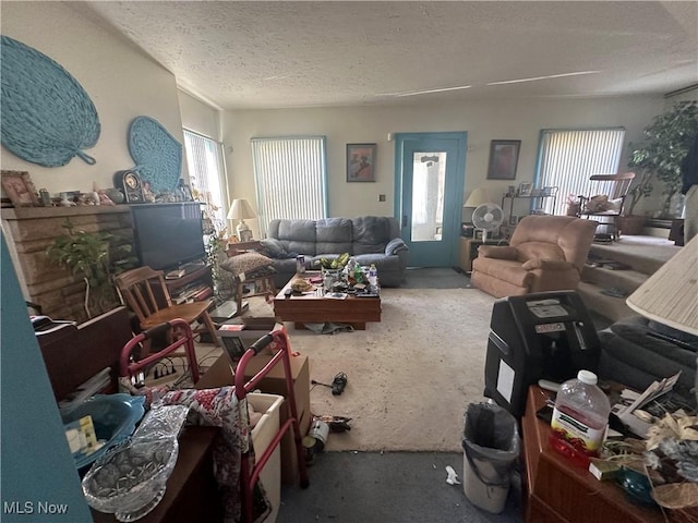 living room featuring a textured ceiling and carpet flooring