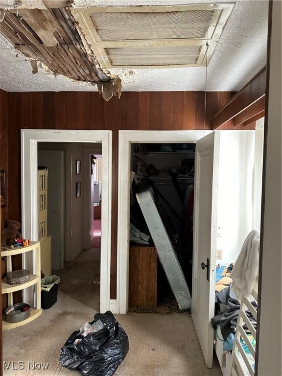 miscellaneous room featuring wood walls