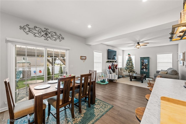 dining space with ceiling fan, plenty of natural light, wood finished floors, and recessed lighting