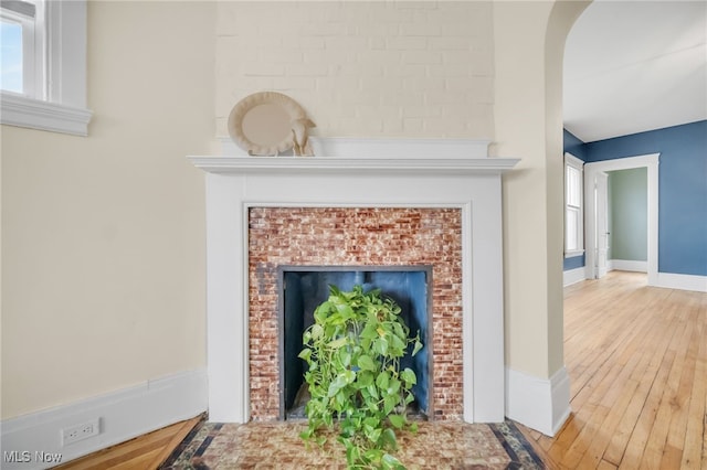 details featuring a fireplace, baseboards, and wood finished floors