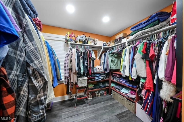 walk in closet with wood finished floors