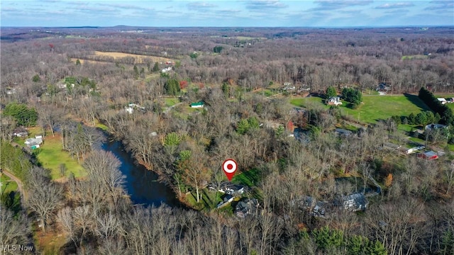 drone / aerial view featuring a water view and a forest view