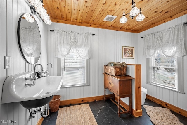 bathroom with toilet, wood ceiling, visible vents, and baseboards