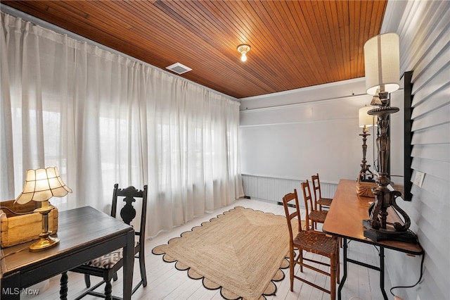 office area featuring wood ceiling, visible vents, and wood-type flooring