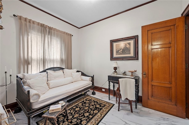 living area featuring marble finish floor, baseboards, and crown molding