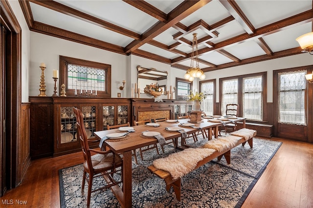 dining room featuring coffered ceiling, a wainscoted wall, wood-type flooring, a healthy amount of sunlight, and beam ceiling