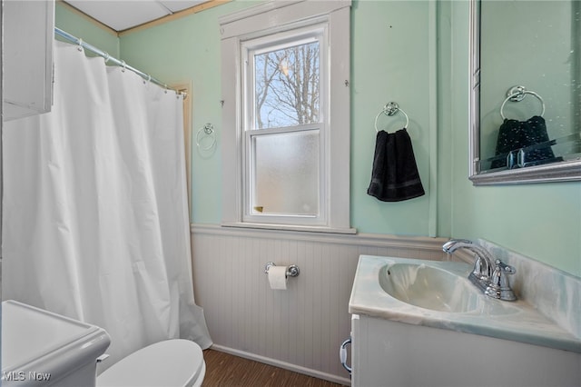 full bathroom with wood finished floors, wainscoting, vanity, and toilet