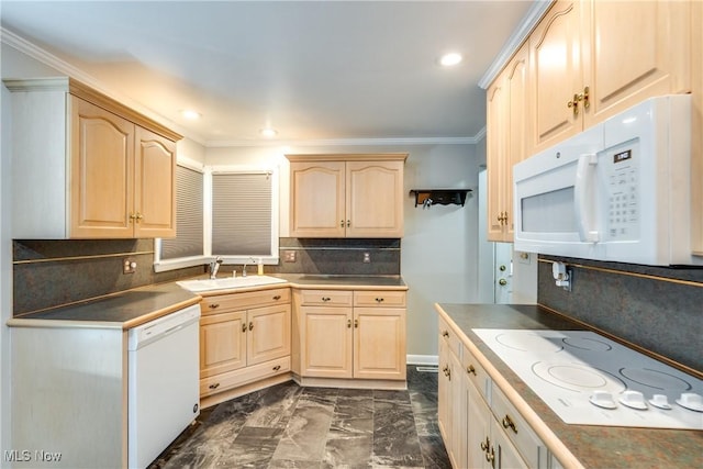 kitchen with white appliances, light brown cabinets, marble finish floor, and a sink