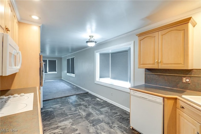 kitchen with ornamental molding, tasteful backsplash, white appliances, and light brown cabinetry